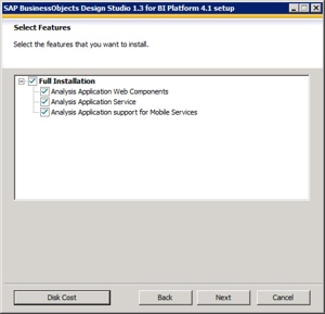Design Studio, как и SAP BusinessObjects Explorer, не интегрирована из коробки с платформой BI и содержит как компоненты веб-уровня, так и компоненты сервера, как показано на экране установки ниже